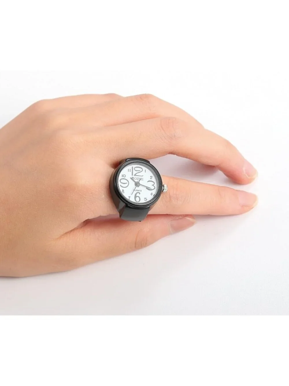 Unisex Black Analog Quartz Easy Read Adjustable Modern Round Finger Ring Watch